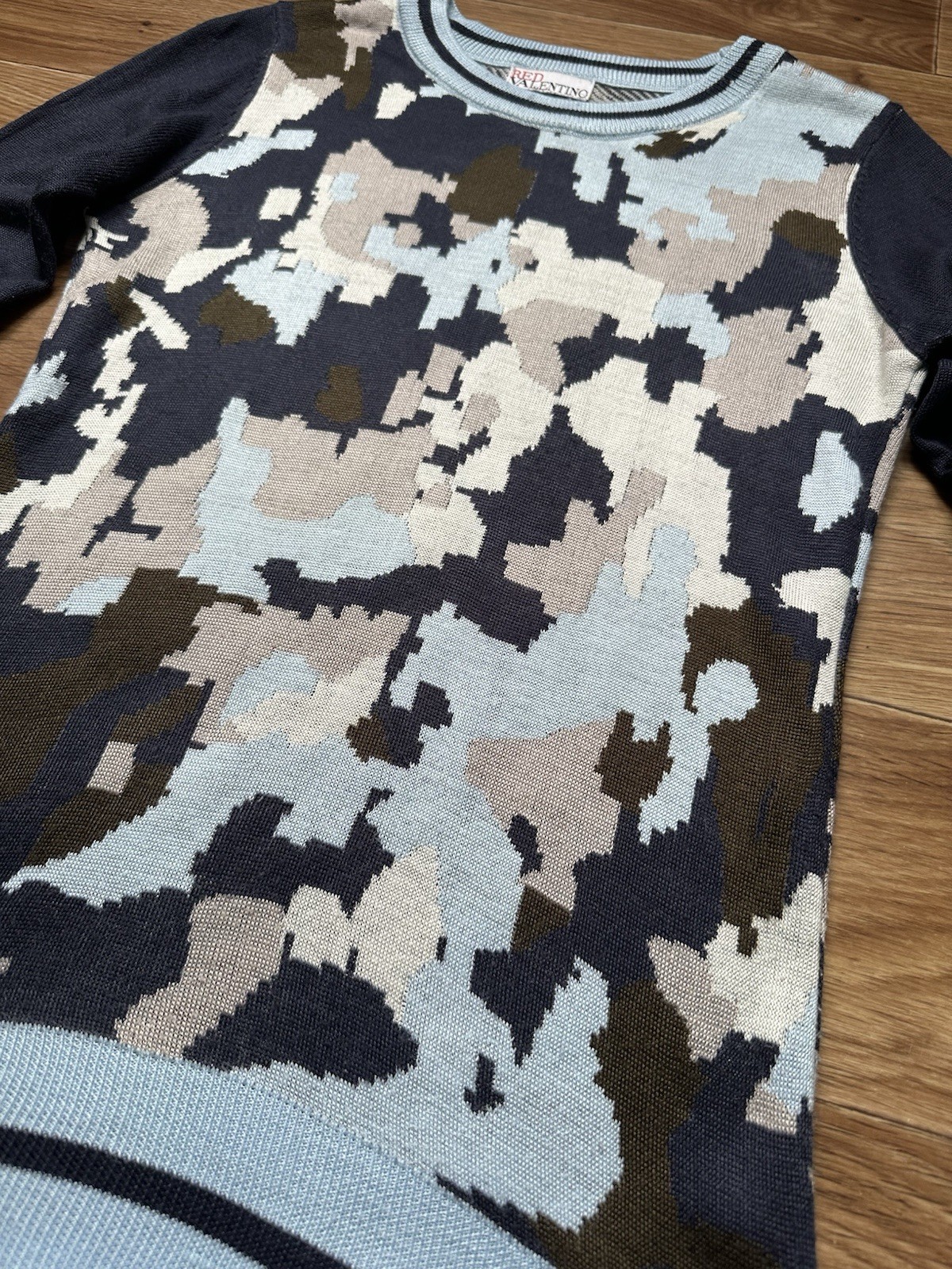 RED Valentino Camo Knit Wool Sweater Intarsia Camouflage Crewneck Pullover Top S
