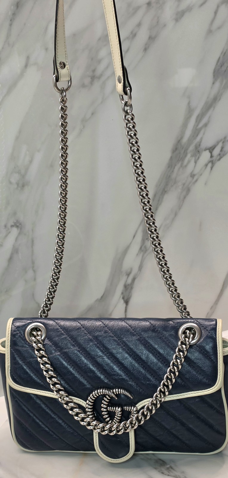 Gucci GG Vintage Effect Marmont Blue Chevron Matelasse Shoulder Bag MSRP: $2,590