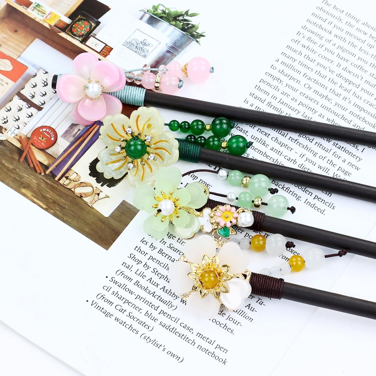8 Vintage Retro Asian Hair Sticks – Chinese Japanese Wooden Hair Pins with Beads