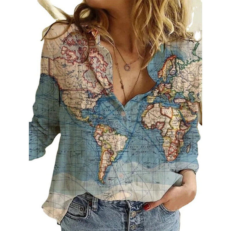 Women’s Plain Shirt Ladies Map Print Baggy Long Sleeve V Neck Tops Blouse Tee ⇓