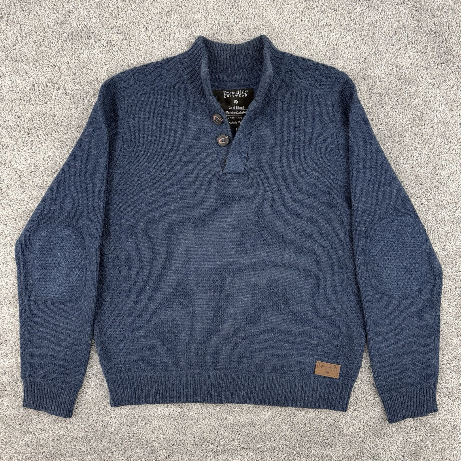 Emerald Isle Knitwear Sweater Men’s L Blue Elbow Patches Wool Mock Neck