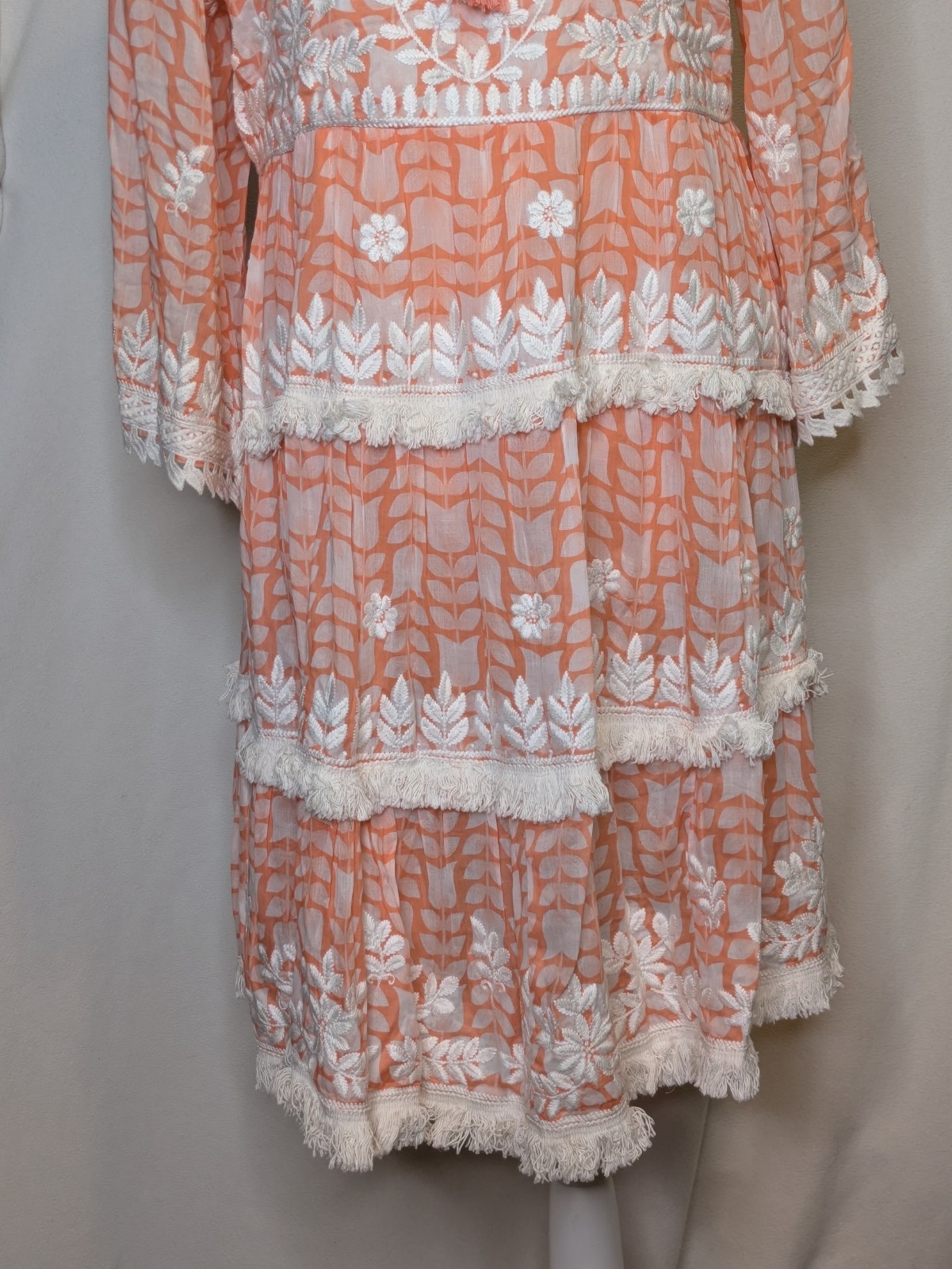 Bairaas Embroidered Boho Dress Size 42 Peach White Tassel Tiered Fringe EUC