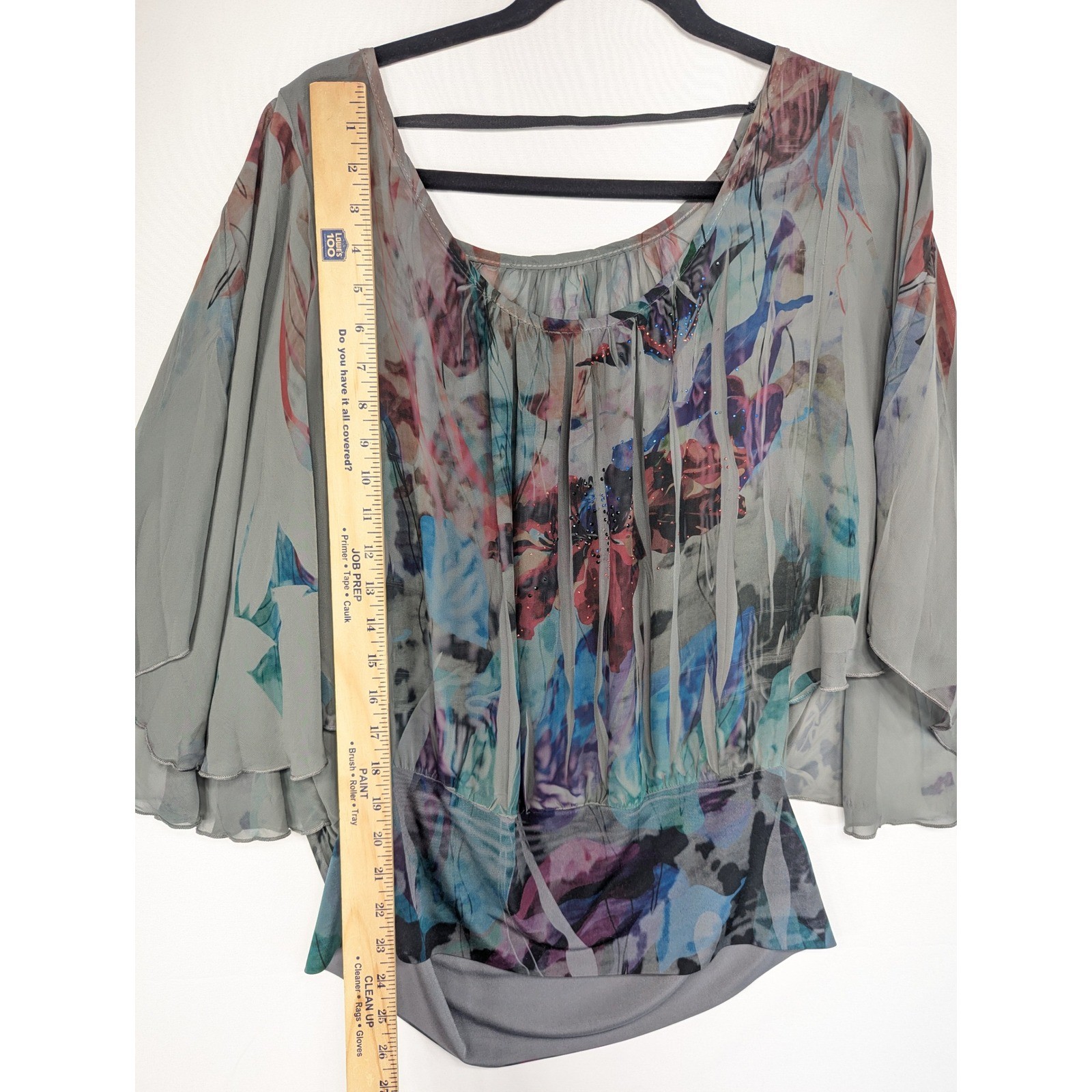 Womens X-Large Blouse Sheer Butterfly Floral Print Dolman Sleeve Elastic Waist