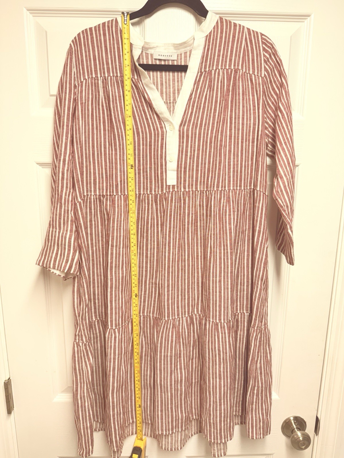 ROSSO35 Red Cotton Collared Midi Shirt Dress 3/4 Sleeve Button Pockets large