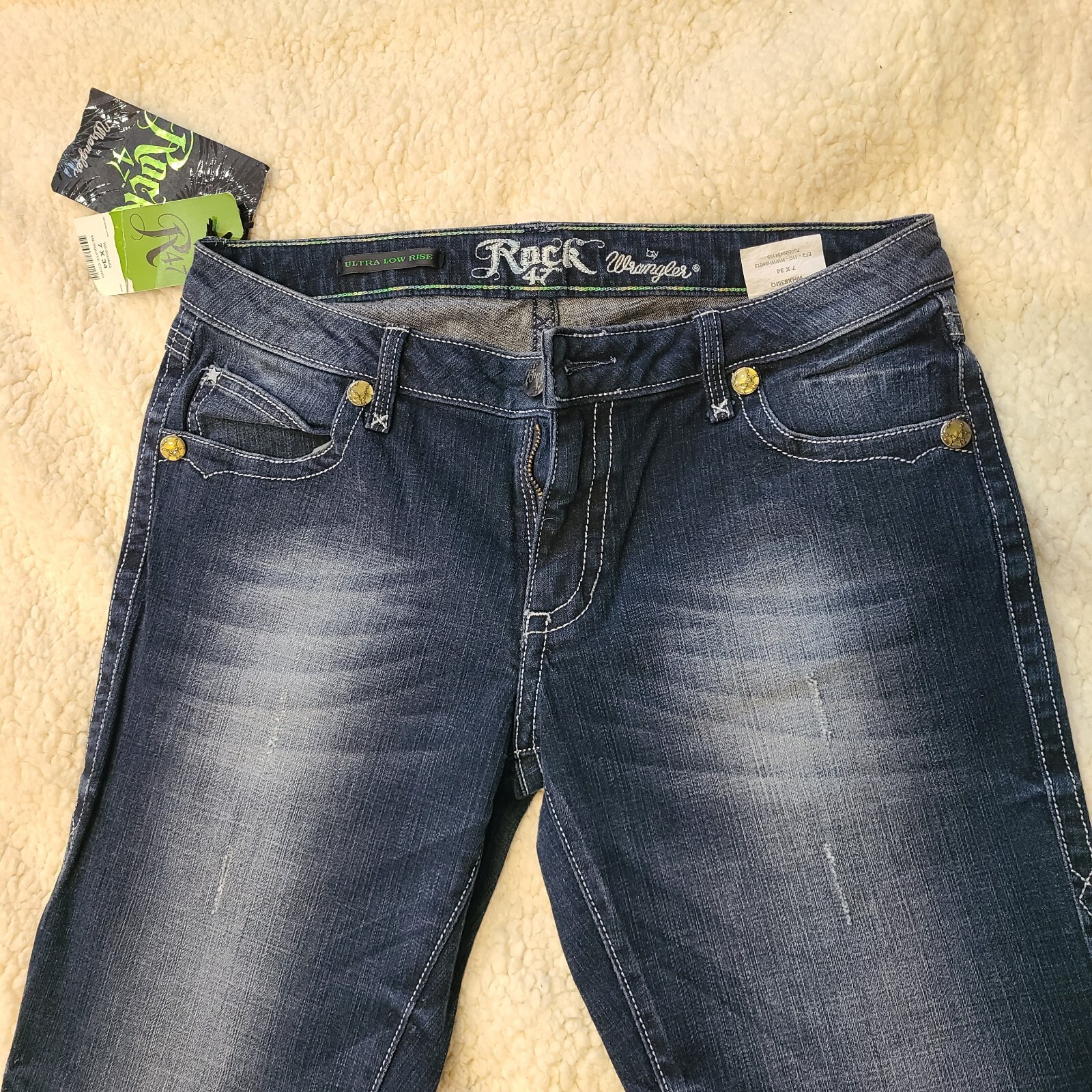 WRANGLER ROCK 47 JEANS Embellished Pockets Ultra-Low-Rise 7 x 34 WHX83MQ
