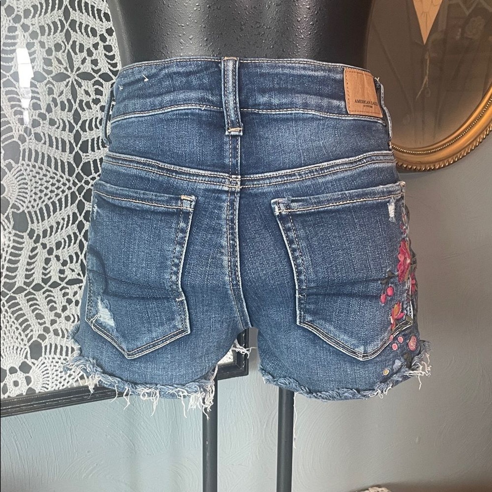 American Eagle Outfitters Dark Blue Jean Shorts with Floral Embroidery