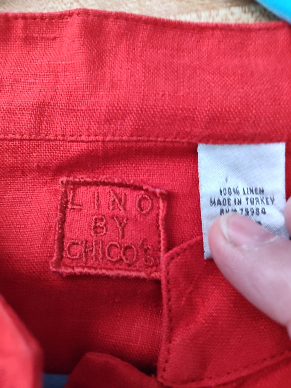 Chico’s Linen No Iron Solid Red Button Long Sleeve Ruffle Cuff Tunic Sz 3 =16-18