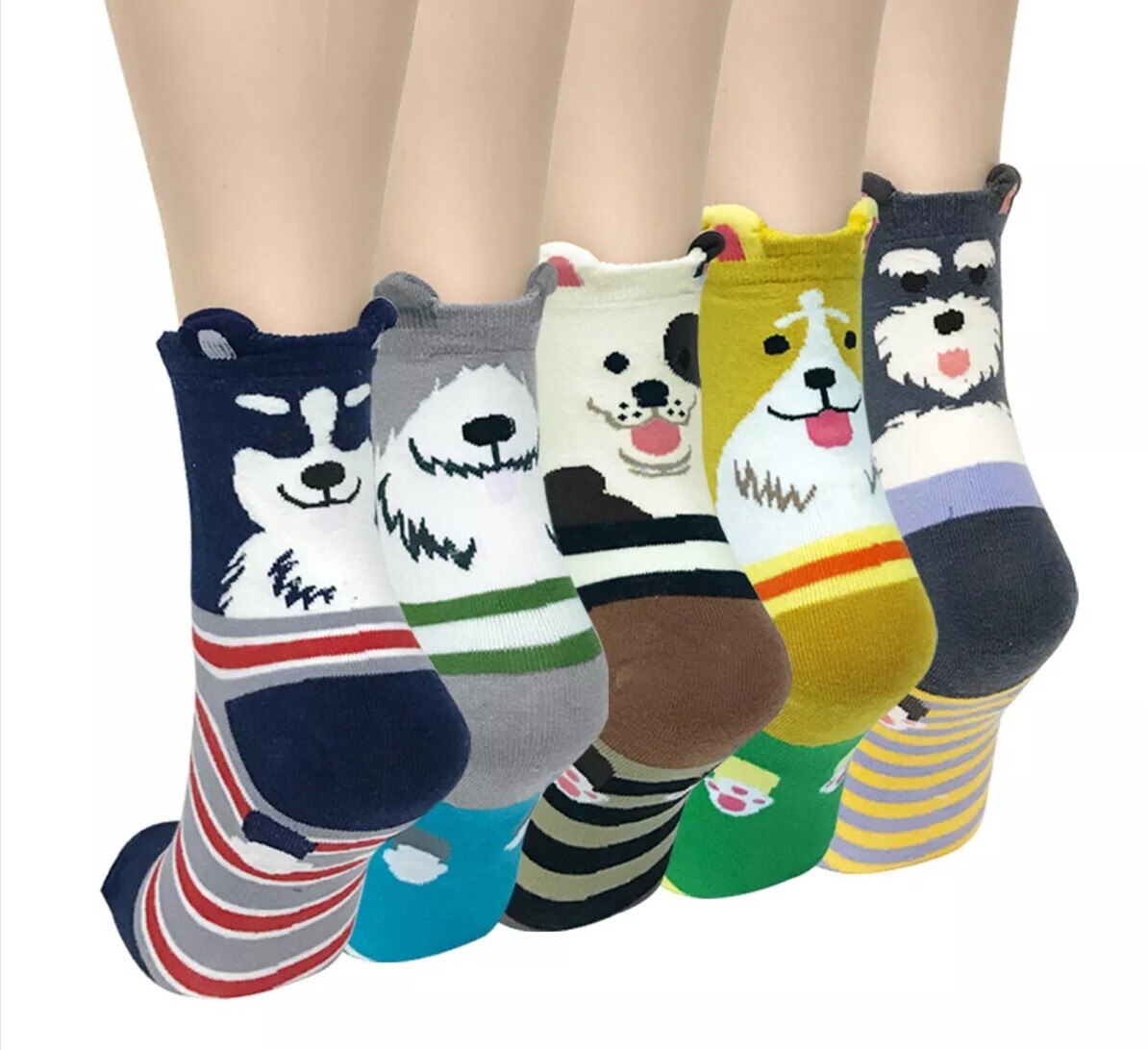 Cute Dog Cartoon Novelty Animal Print Crew Socks Women Teen Set of 5