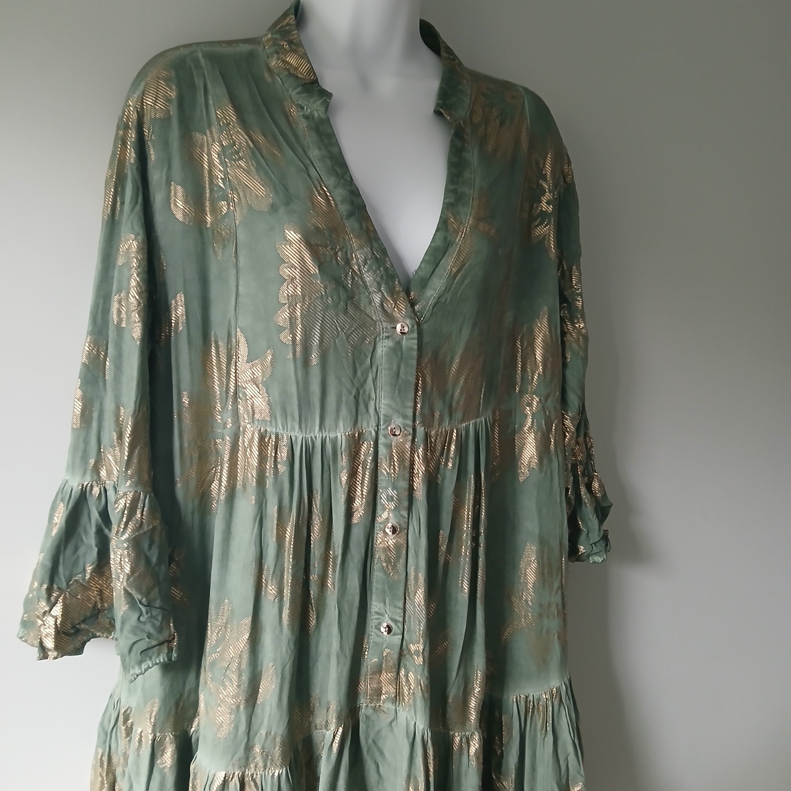 Jolie Moi Metallic Tiered Mint Green Floral Dress Boho Festival Whimsy Bell L