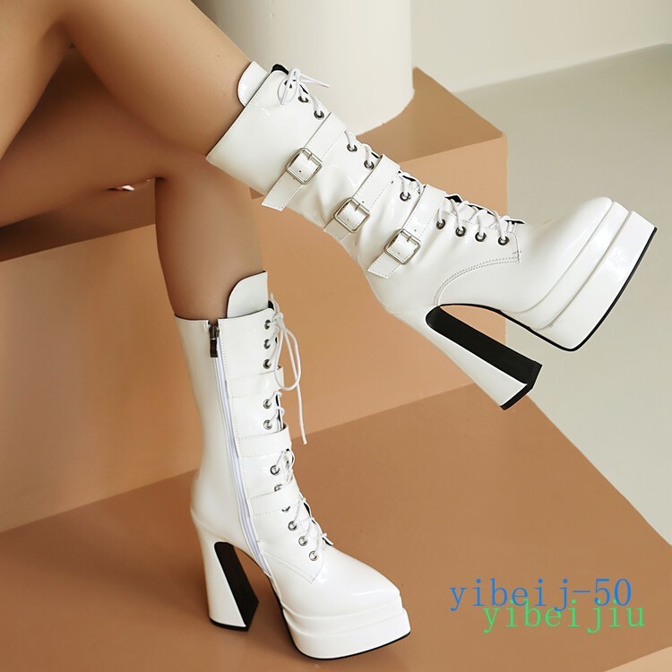 Women’s Mid Calf Boots High Heels Platform Leather Runway Party Buckle Shoes Zip