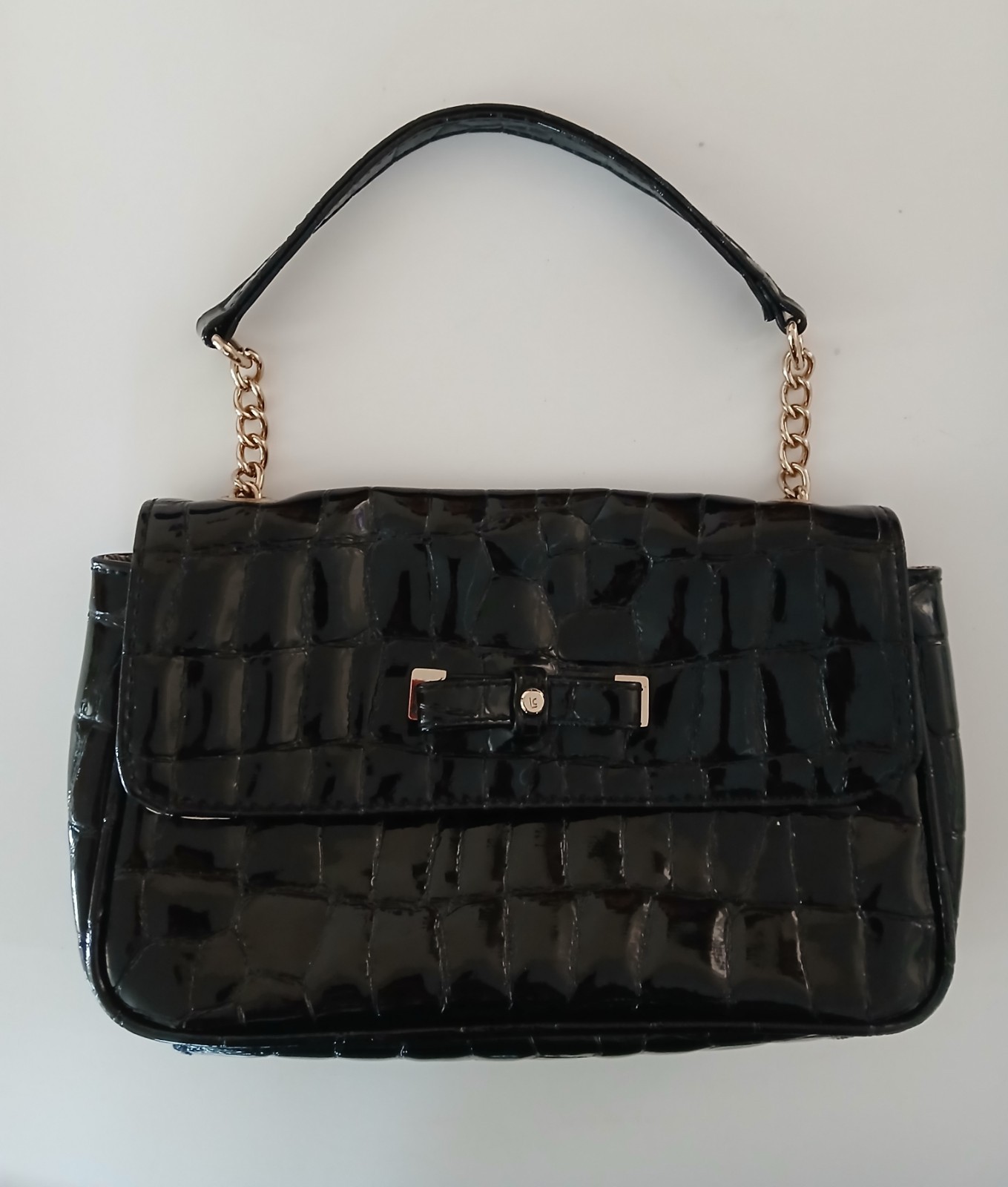 LIZ CLAIBORNE BLACK CROC EMBOSSED Faux Leather HANDBAG – GOLD CHAIN BOW PURSE