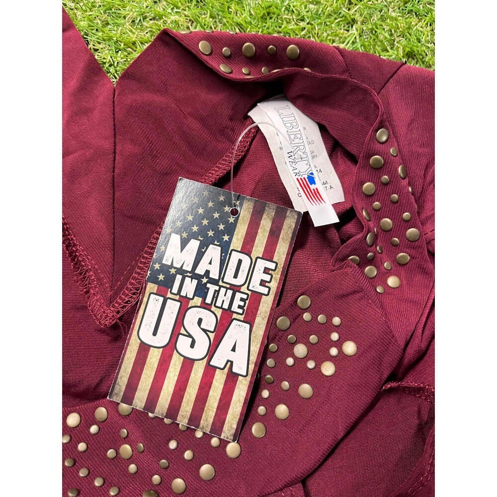 Liberty Wear Burgundy Studded V-Neck Top, Small, Made in USA