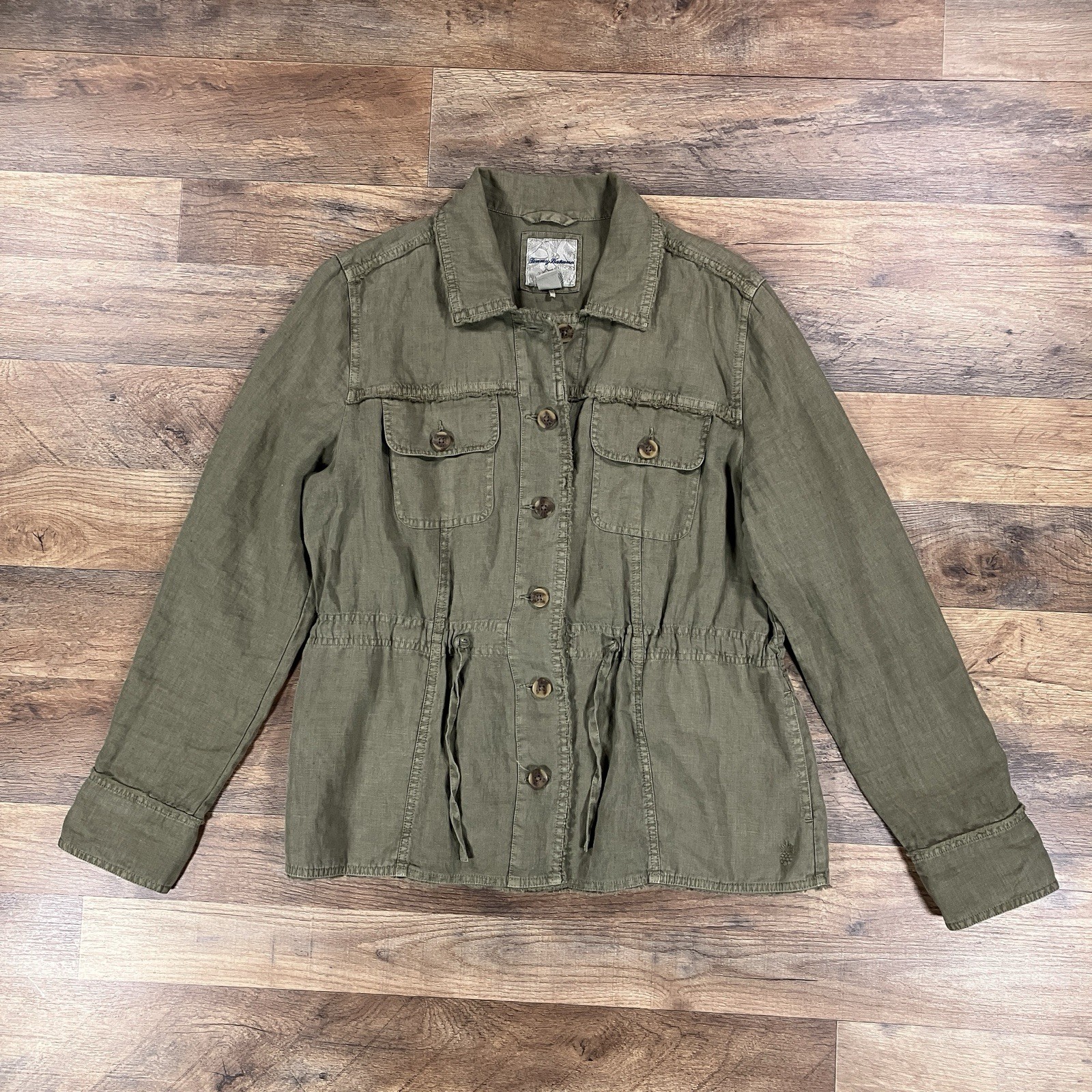 Tommy Bahama Shirt Womens Small Green Military Linen Button Up Pockets