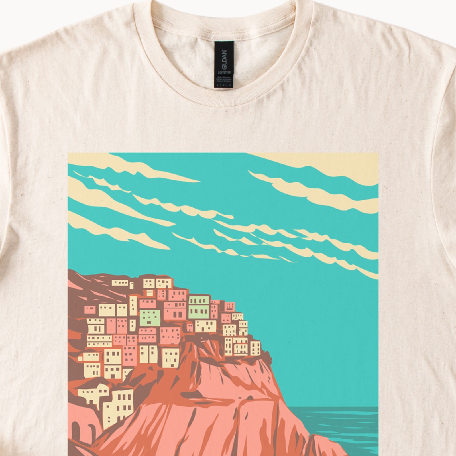 Scenic Coastal Town Tee Colorful Cliffside Houses Summer Ocean Graphic Shirt