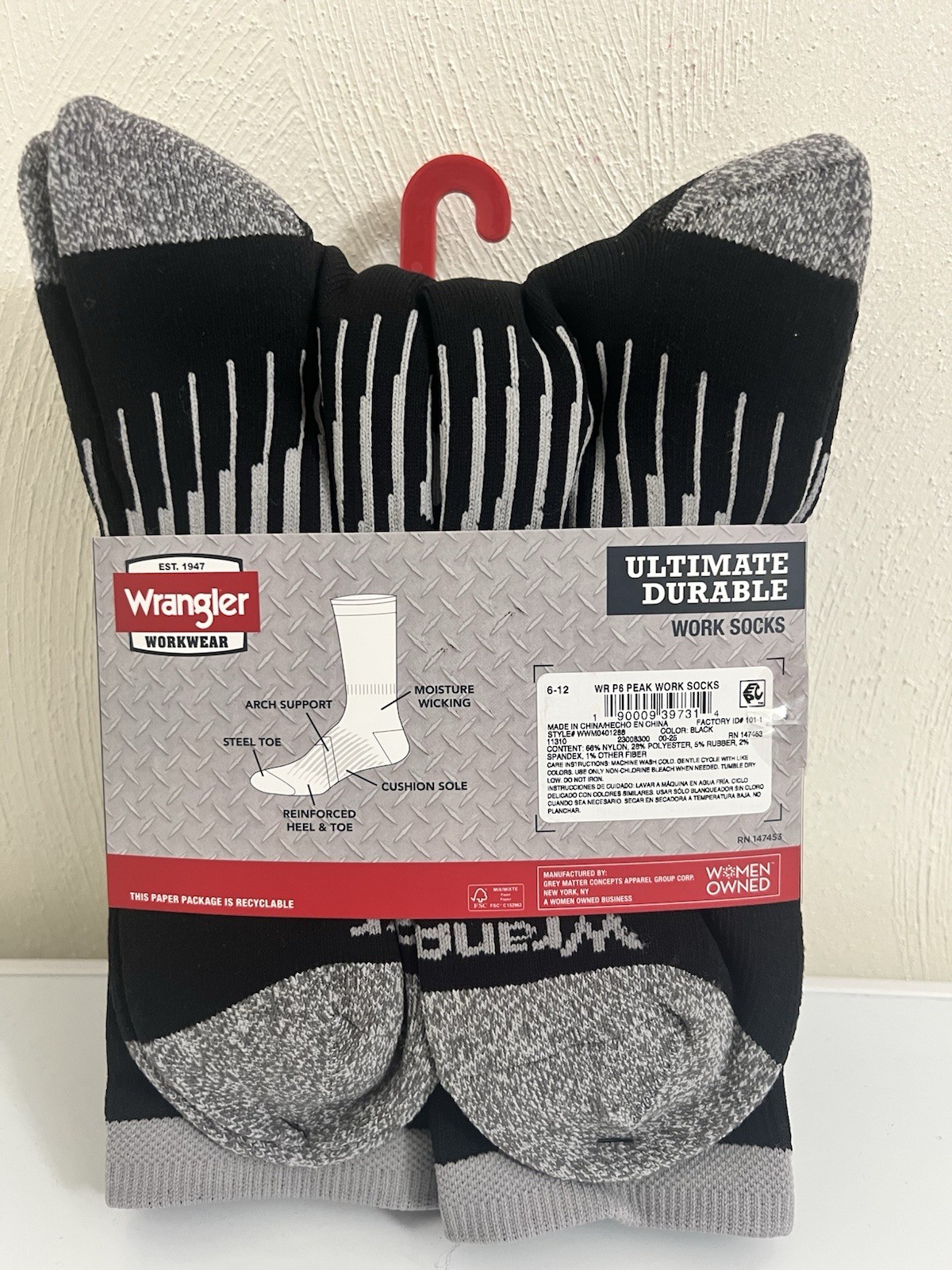 Wrangler 6 Pair Ultimate Durable Work Socks Men’s Sz 6-12 Black W/Reinforce Toe