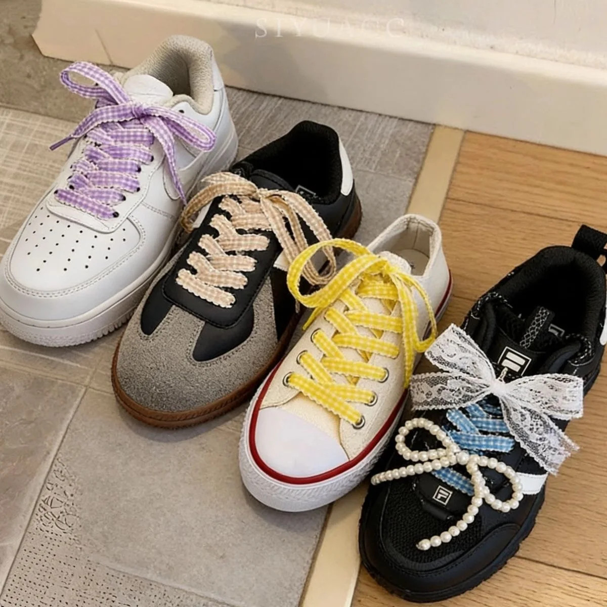 1 Pair 1cm Wide Ribbon Grid Flat Shoelaces Length 120cm Trendy DE Training Shoes