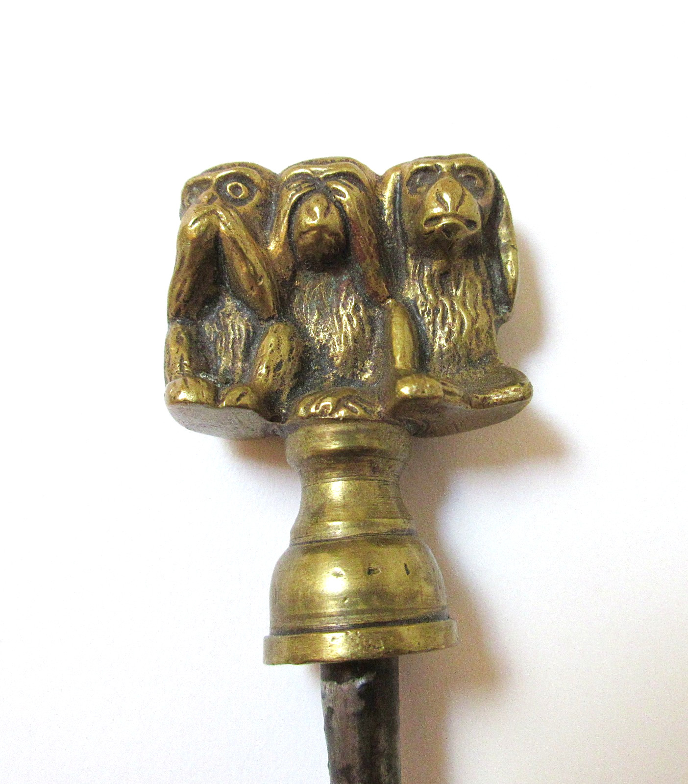 Antique Brass Button Hook Three Monkeys See No Evil