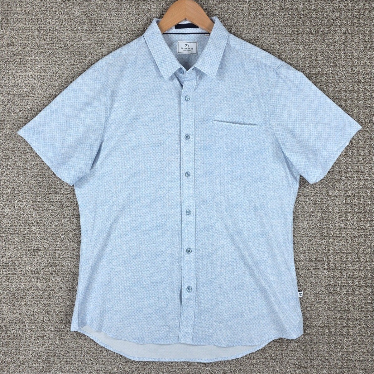 7 Diamonds Mens Medium Blue Geometric 4-Way Stretch Short Sleeve Button Shirt