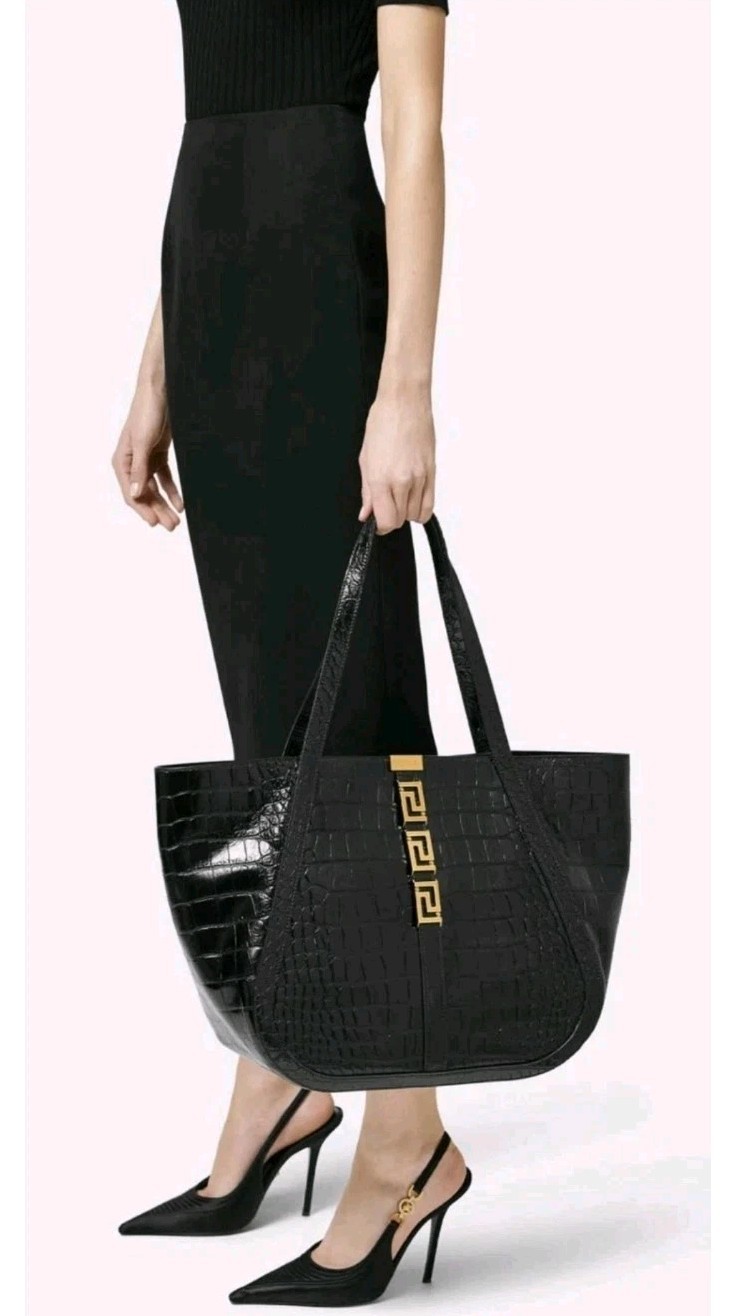 Versace Women’s Bag Tote Leather Black Gold Logo Animal Print Size XL $2.500 NWT