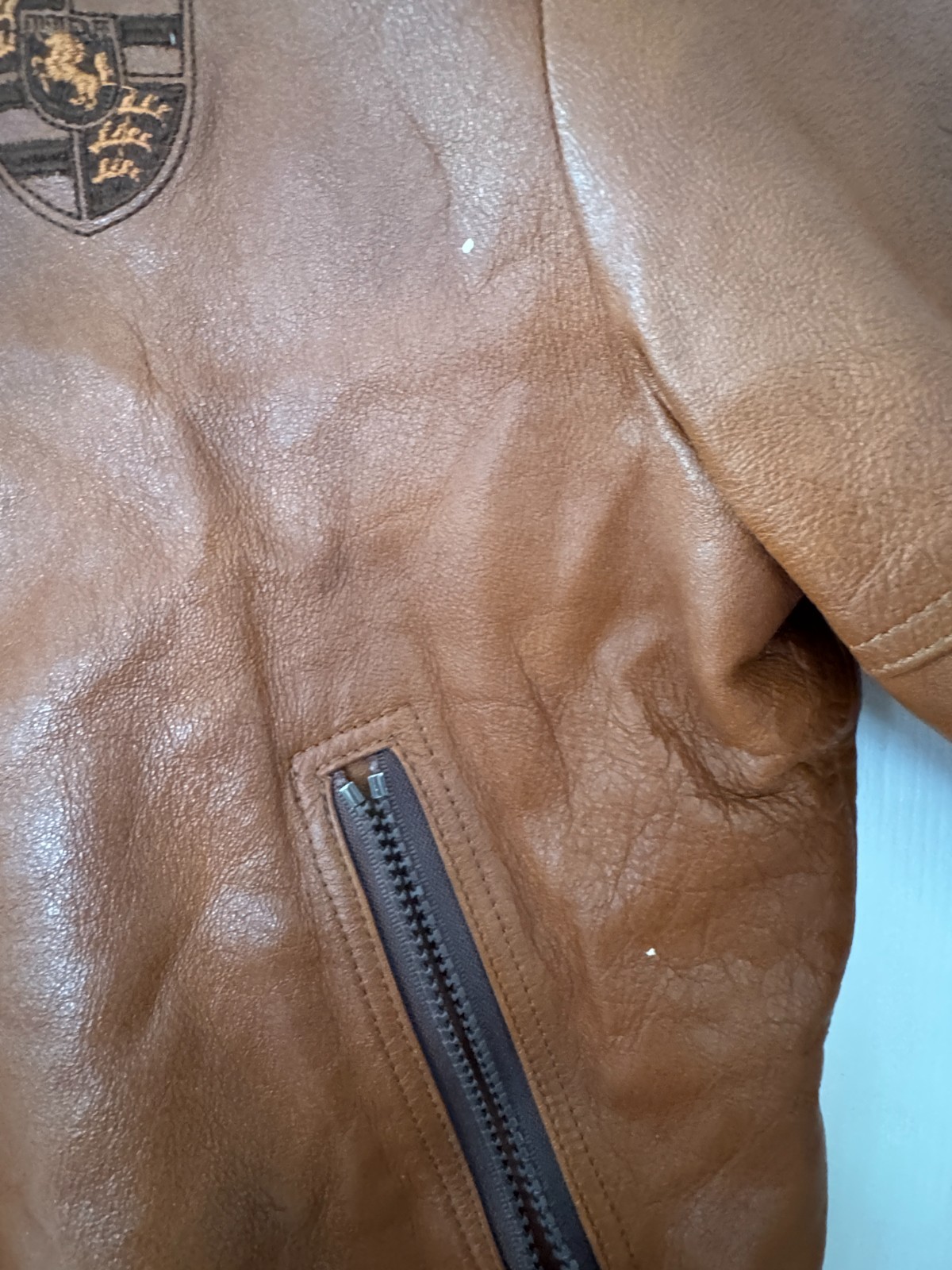 VINTAGE LEATHER PORSCHE JACKET ZIP UP THE LEATHER WORKS CALIFORNIA 21.5″x27.5″