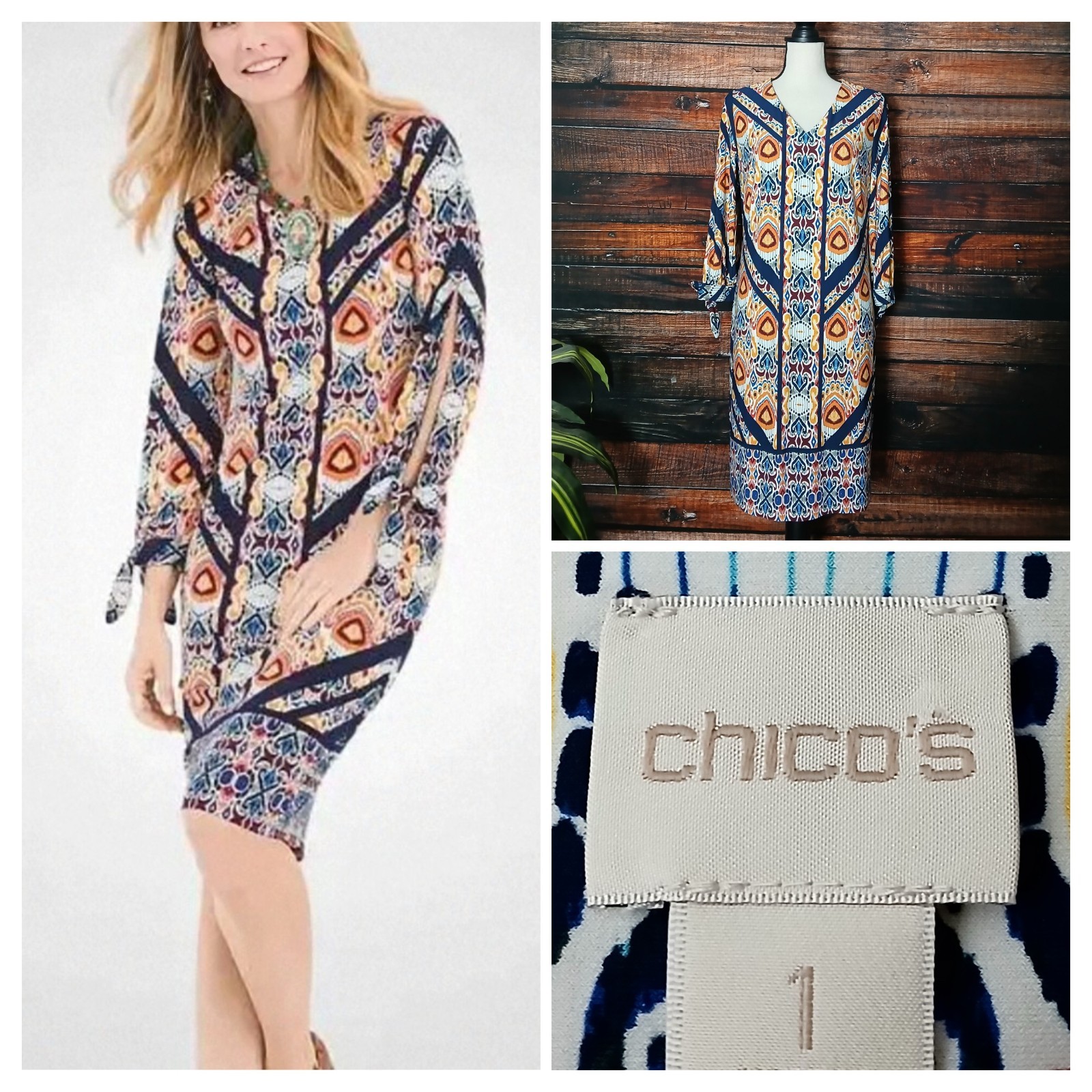 Chicos Shift Dress Size 1 US M Ikat Tie Sleeve Bohemian