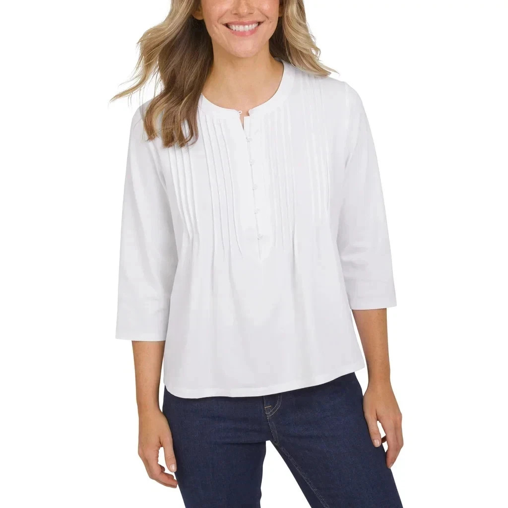 Lands’ End Women’s Button Front Pintuck Top, White, Size Large, New