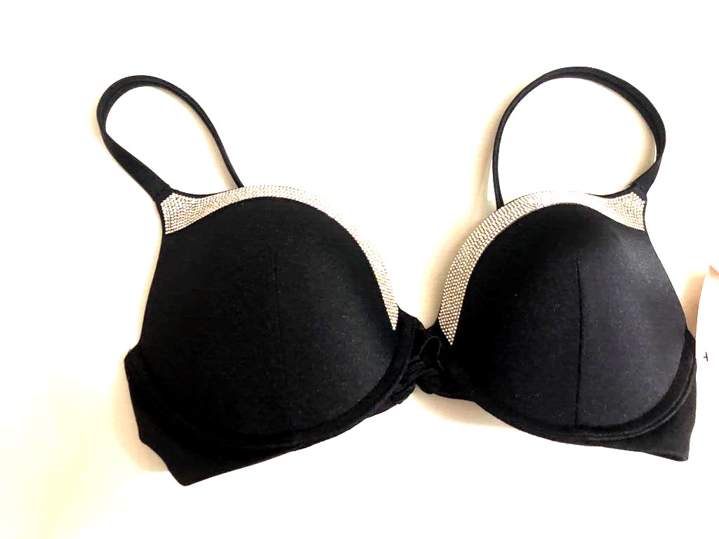 Victoria’s Secret Shine Rhinestone Trim Swim Push-Up Bikini Top Black NWT