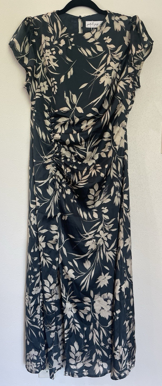 Size M $99 Petal & Pup Lisbeth Floral Cap Sleeve Satin Midi Dress Green Floral
