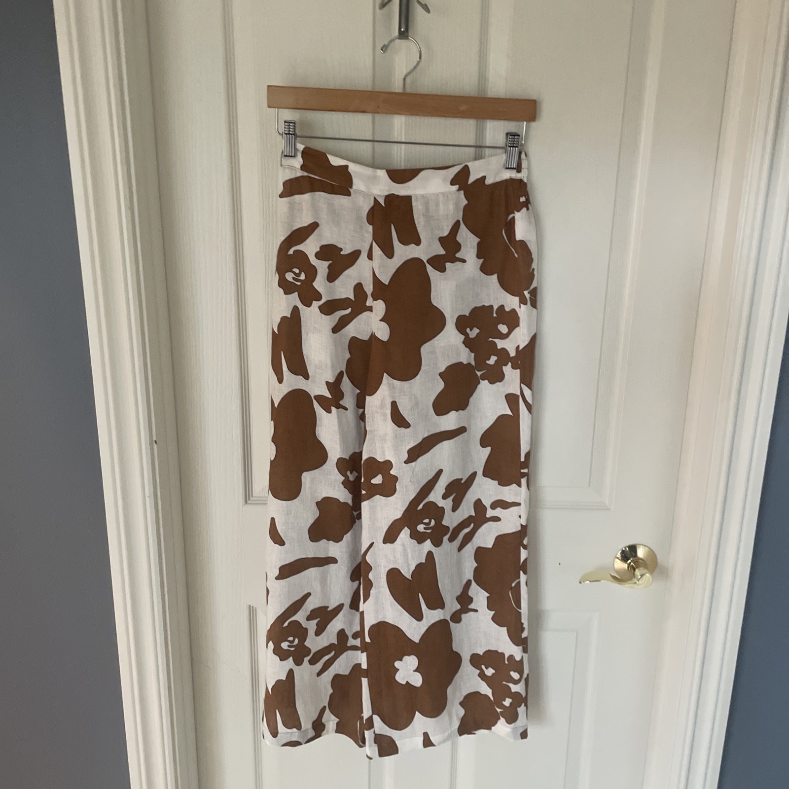 Magaschoni Womens Brown White Cowhide Floral 100% Linen Wide Leg Pants Small