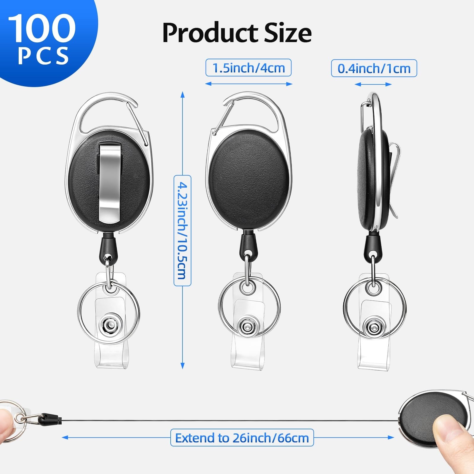 200 Pack Heavy Duty Retractable Badge Reels with Carabiner Clip & Key Ring – ID