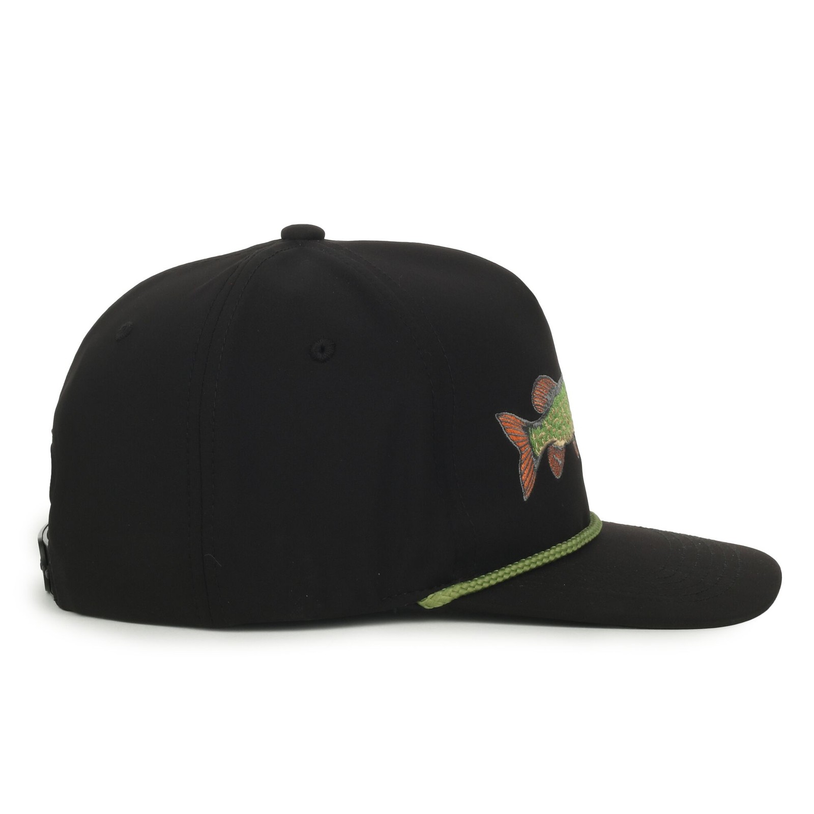 Outdoor Cap Northern Pike Fishing Cap Black 5-Panel Hat, Green Rope Detail