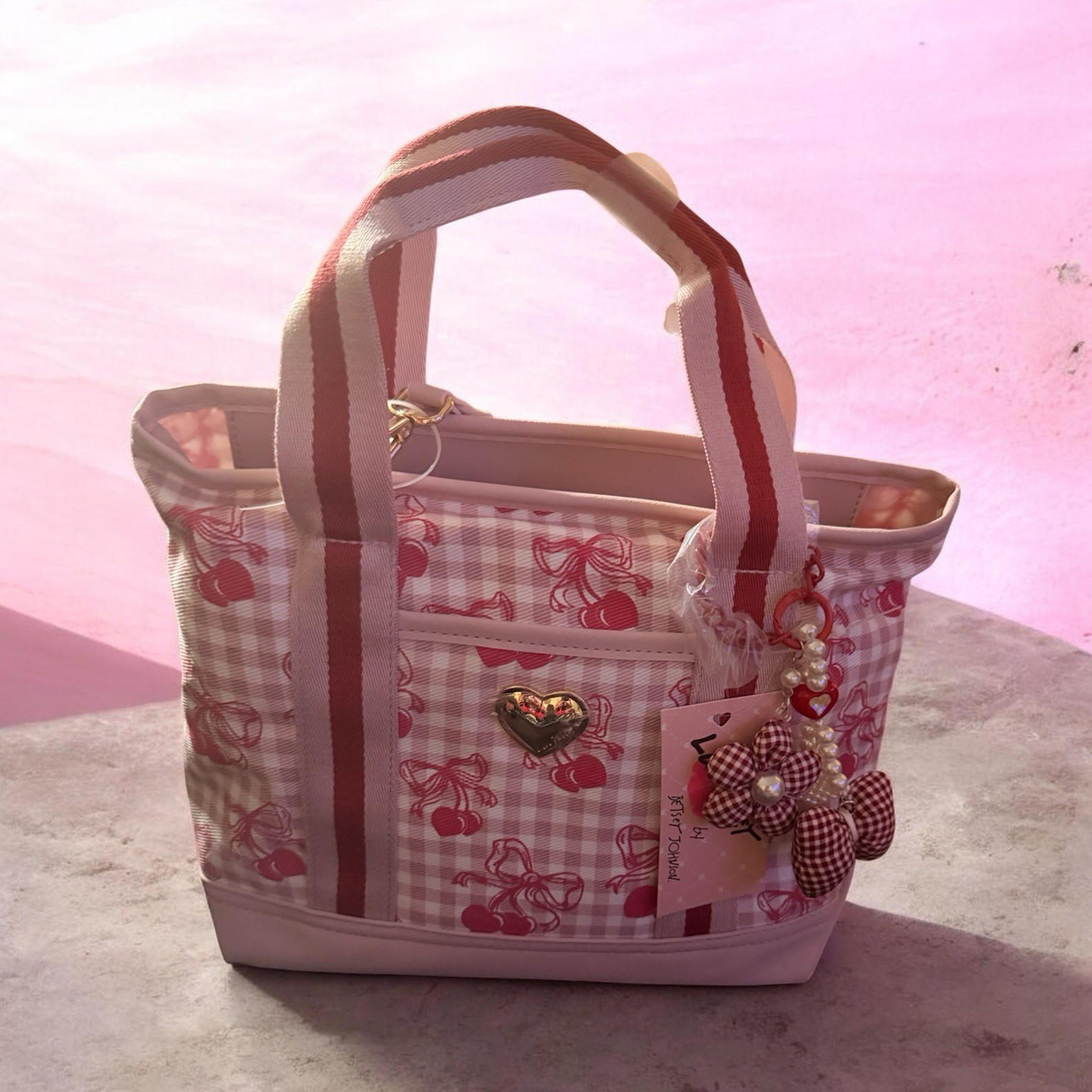 Betsey Johnson Pink Gingham Cherry Tote Bag w/ Zip, Inner Pockets, Charm