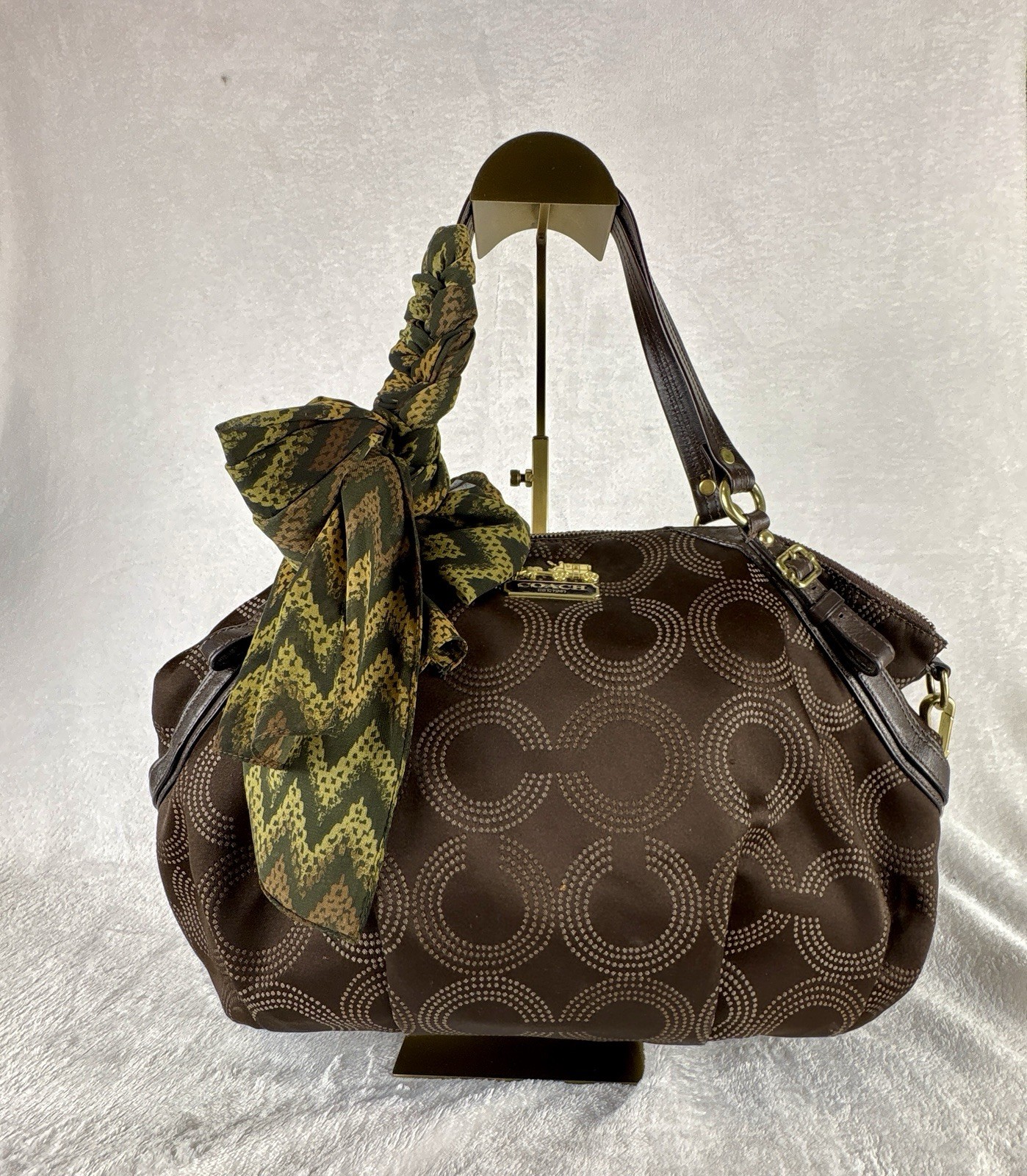 Coach Madison Dotted Op Art Sophia Satchel In Brown Sateen With Scarf