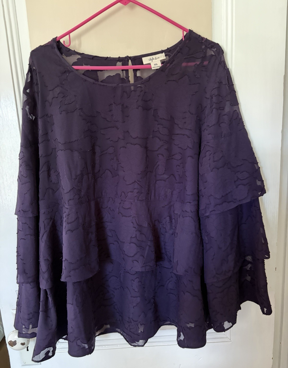 Style & Co. Women’s XXL Purple Solid Chiffon Ruffle 3/4 Bell Sleeve Blouse