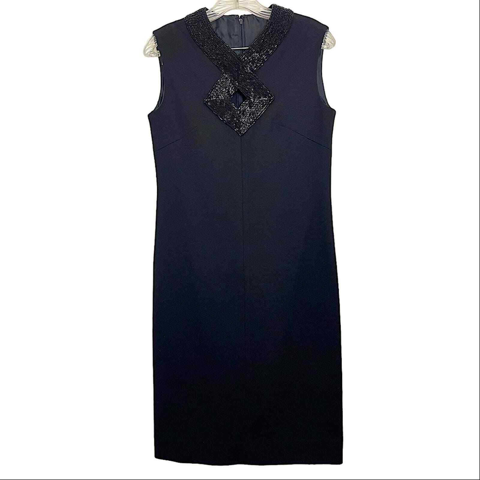 Vintage Black Beaded V-Neck Collar Knit Mid Length Sheath Dress LBD