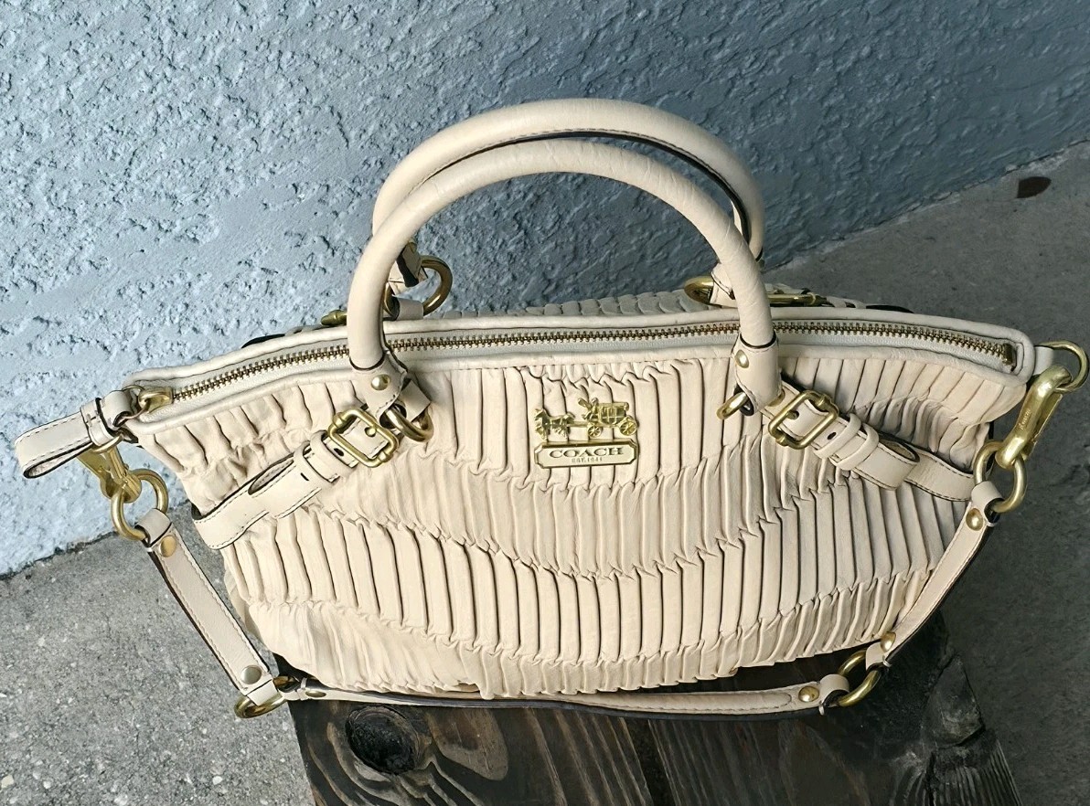 Coach Madison Sophia Gathered Leather Shoulder Bag Satchel Cream Parchment Beige