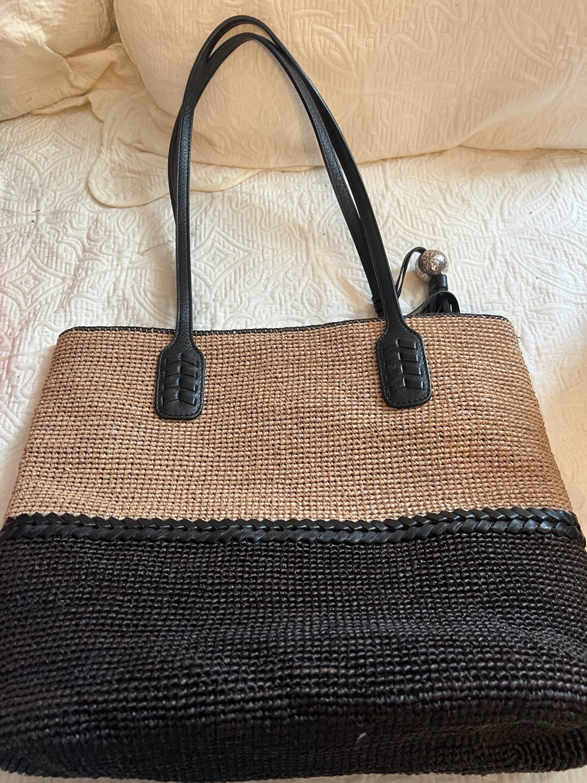 Brighton Black & Tan Woven Tote Bag Leather Double Handles Magnetic Closure