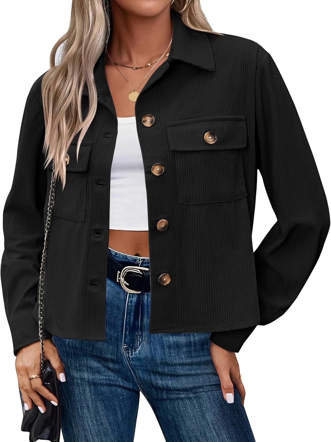 Women Cropped Corduroy Shackets Button Down Jackets Tops Fall long Sleeve Shirt