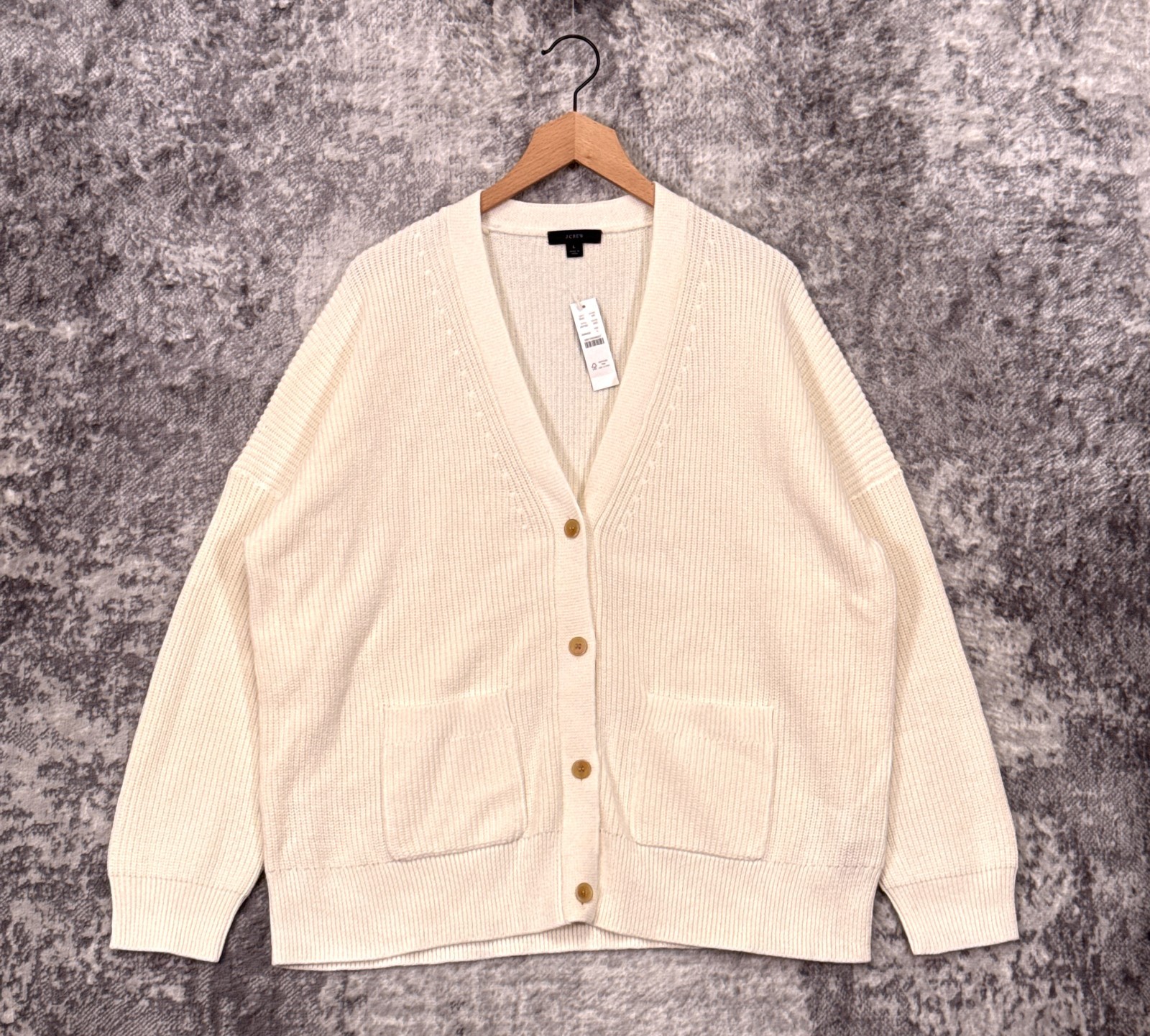 New J Crew Cotton Cashmere Cardigan Large Womens Ivory Cream Chunky Knit Sweater