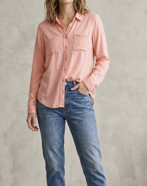 Button Up Collared Lace Back And Pockets Trim Peach top ladies Large