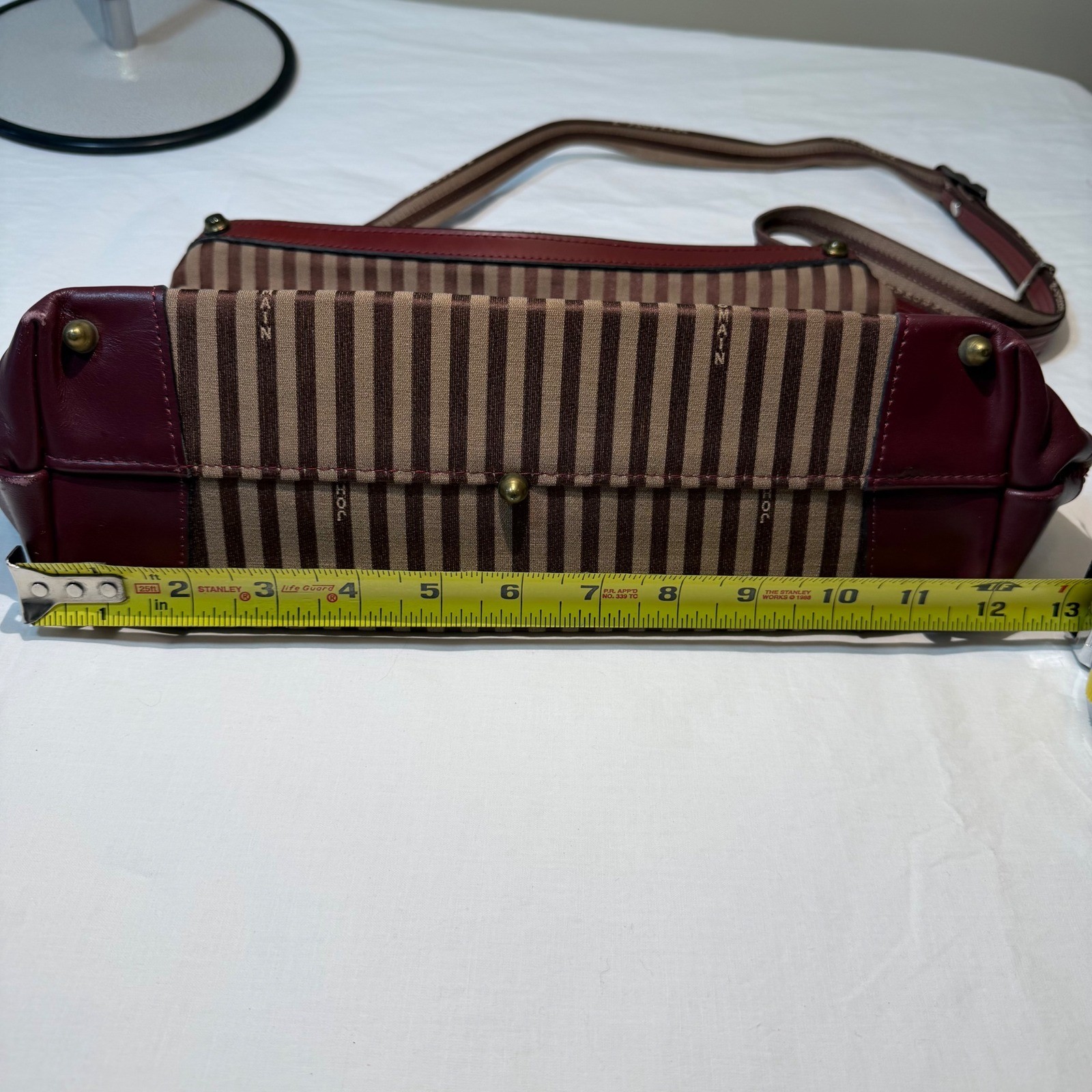 Vintage John Romain Striped Crossbody Bag Brown Burgundy Leather Trim Lion Crest