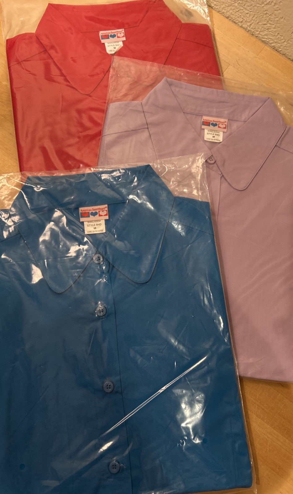 3 New American Sweetheart Button Up Collared Shirt Purple Blue Red Style B4D Med
