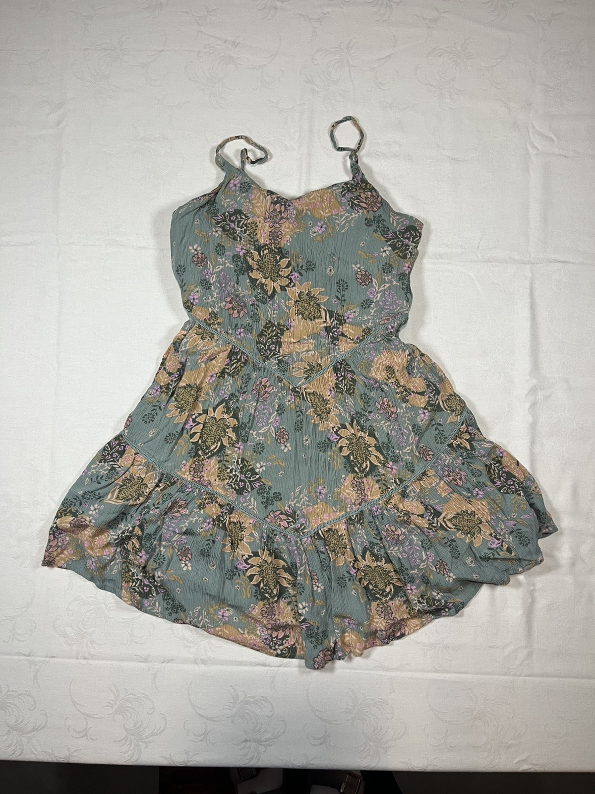 SO Tiered Floral Print Mini Dress Teal Boho Cottagecore Strappy Size S
