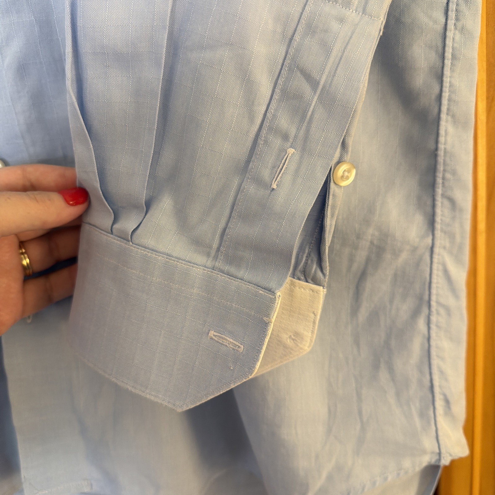 Tom James Men’s Custom Linen Cotton Dress Shirt Blue Button Down 17 1/2