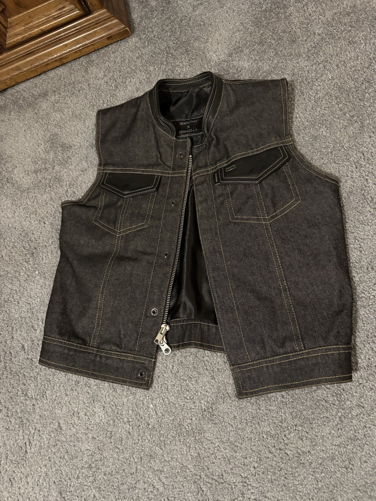 Unknown X Espinoza Black Denim Leather Sleeveless Vest Handmade In USA Large