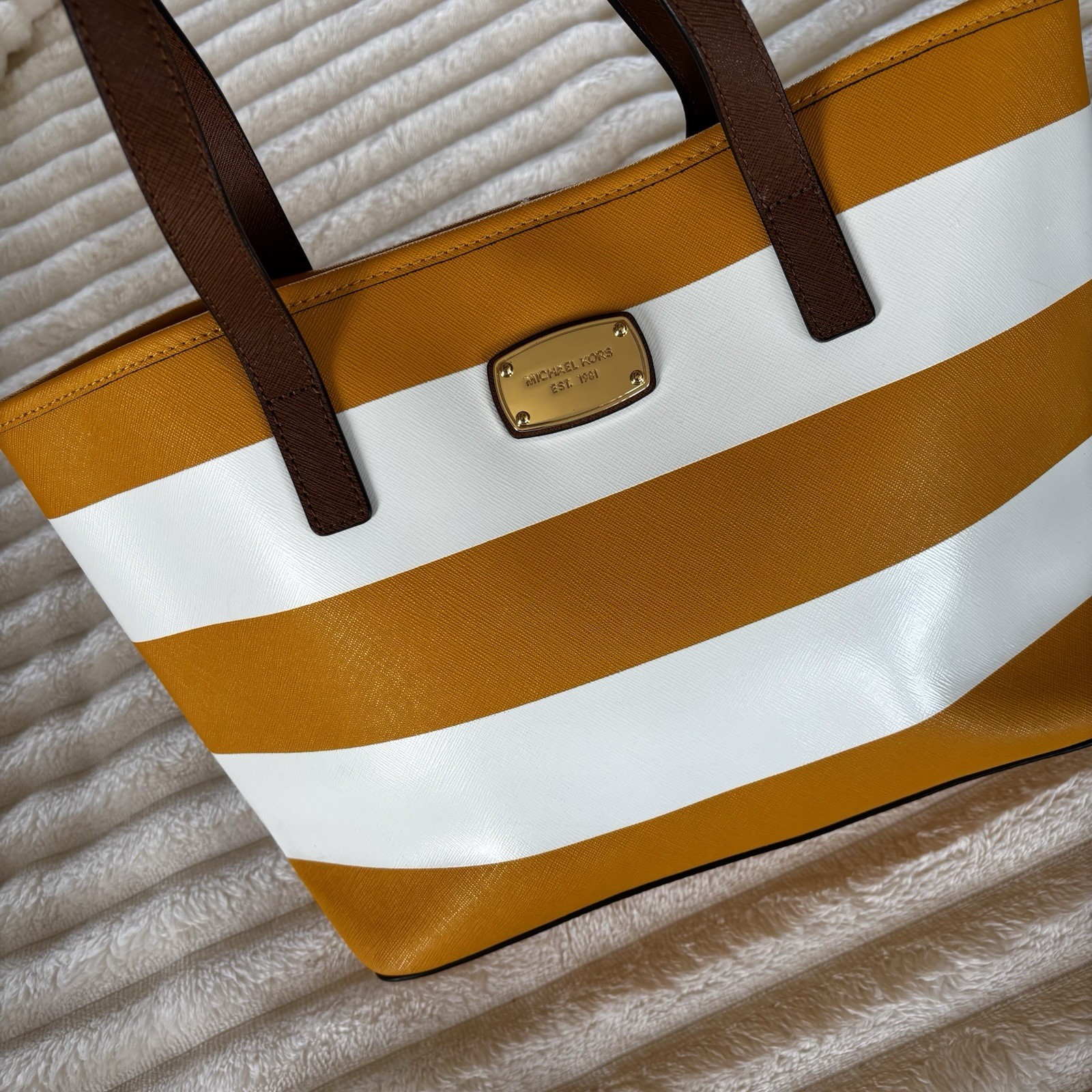 Michael Kors purse, Yellow And White Stripped, With Brown Straps.