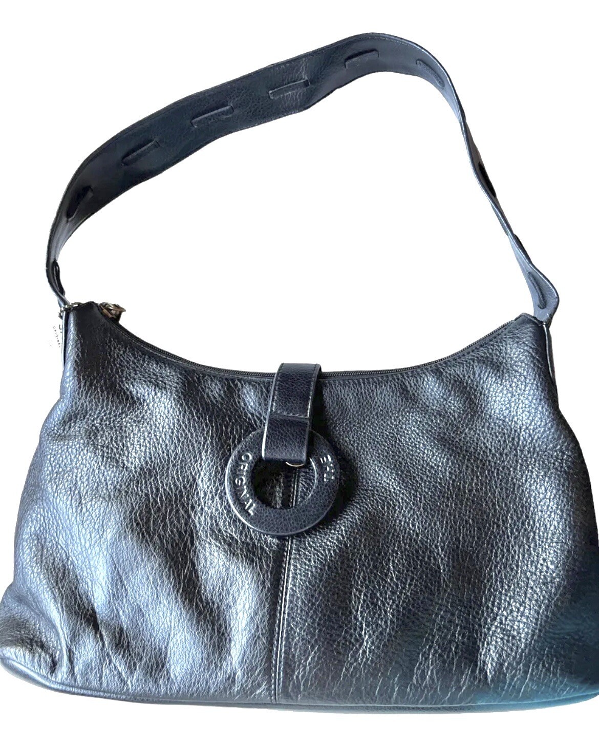 The Sak Handbag Logo Stitched Black Leather Zippered Pocket 10” Drop Handle