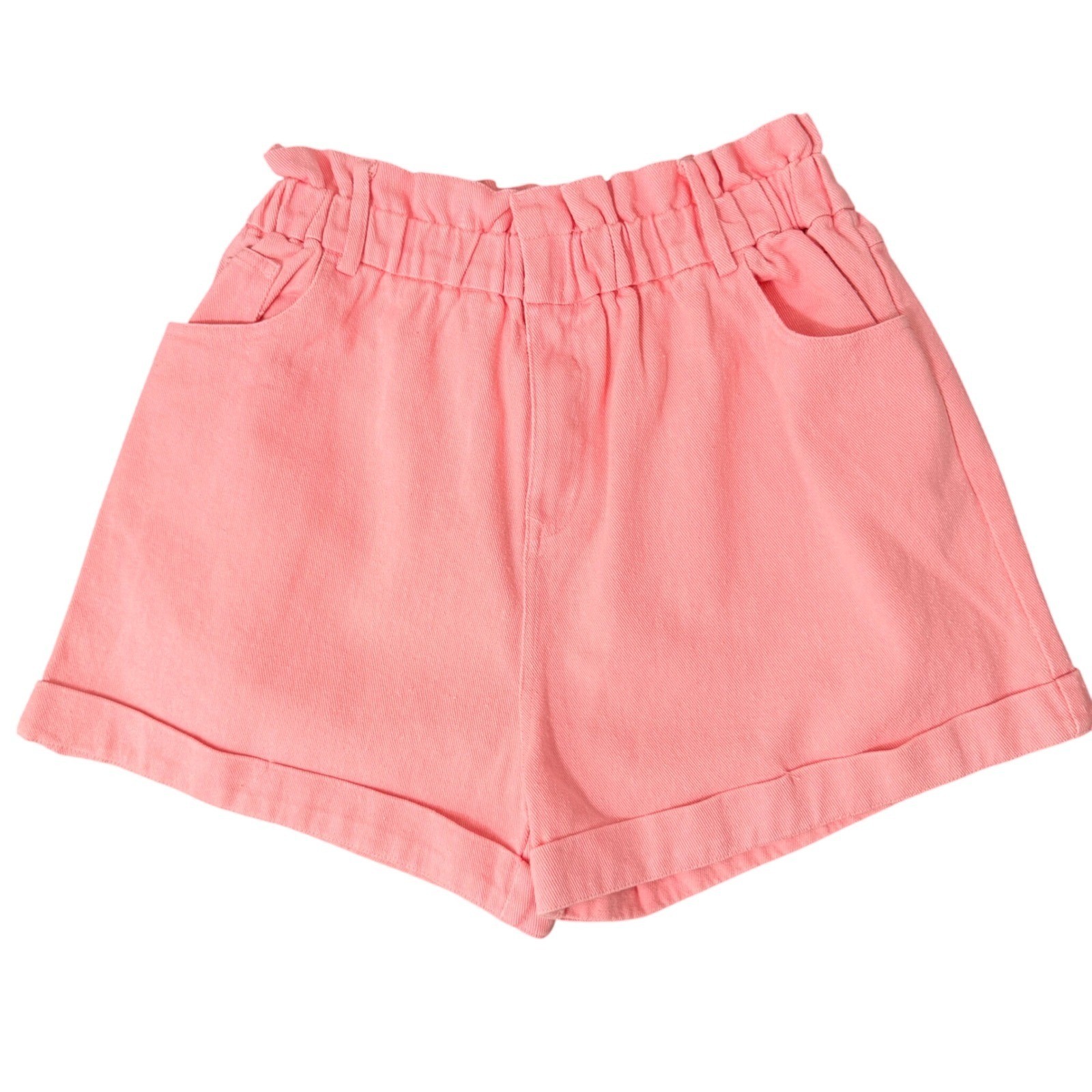 Pastel Pink Cotton Denim Paperbag Shorts (M) Summer Beachy Girly Casual Elastic