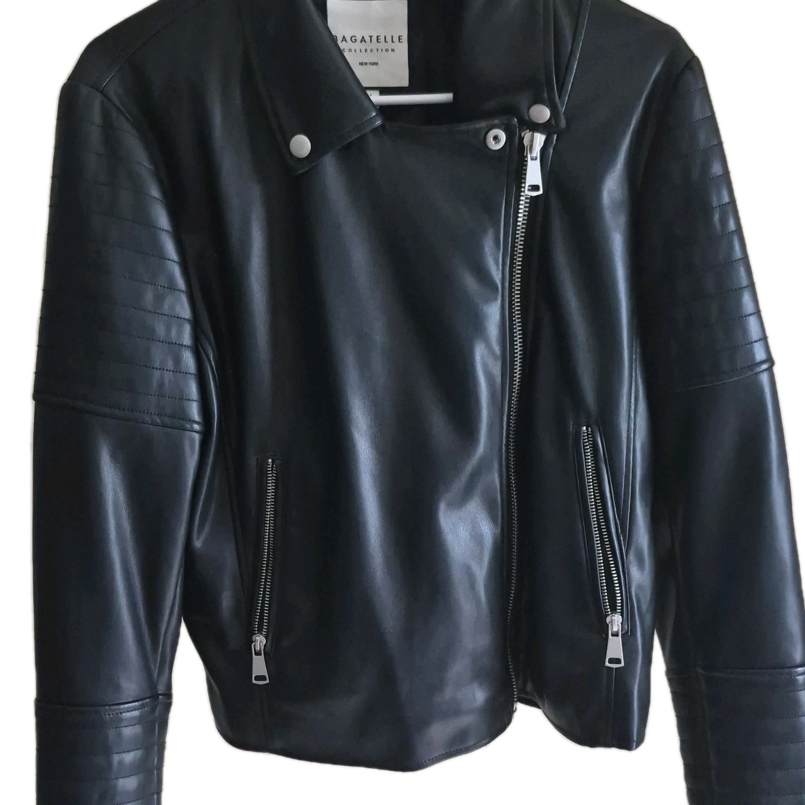 Bagatelle Men’s Black Leather Biker Jacket Zip Front Pockets Band Collar L