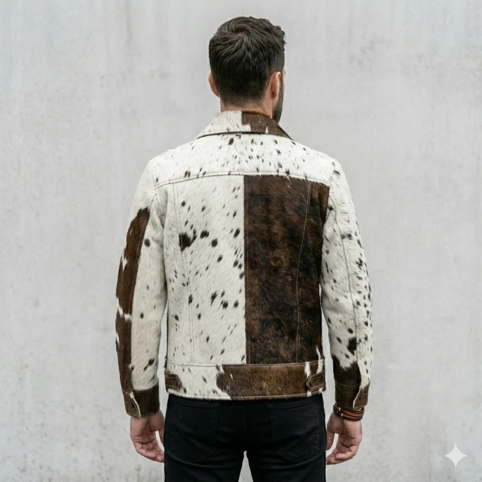 Men’s Brown and White Patchwork Cowhide Hair-On Leather Jacket – Front Button.